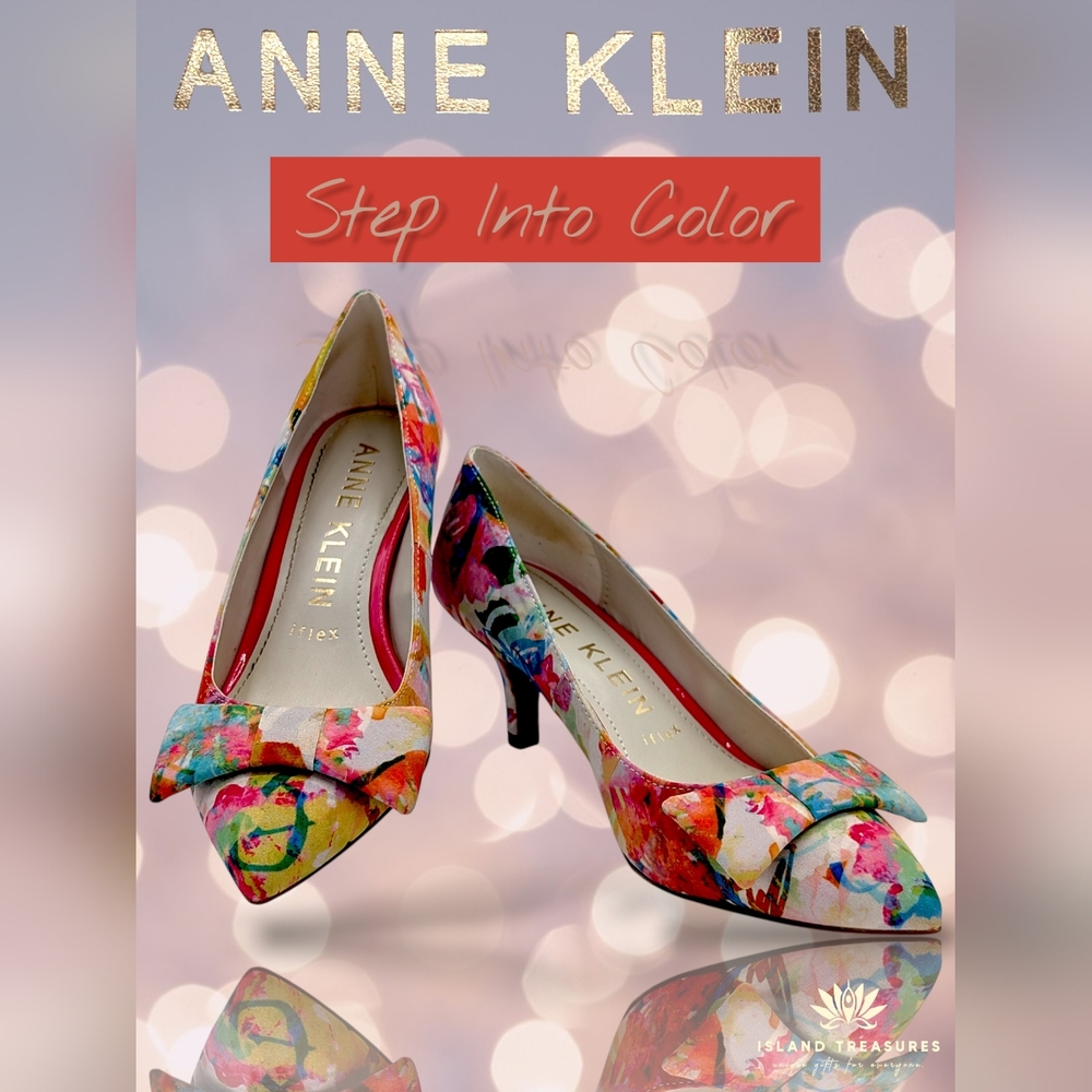 Anne Klein iflex "Fredia" Size 7.5M Colorful Floral Heels With Bows Pointed Toe